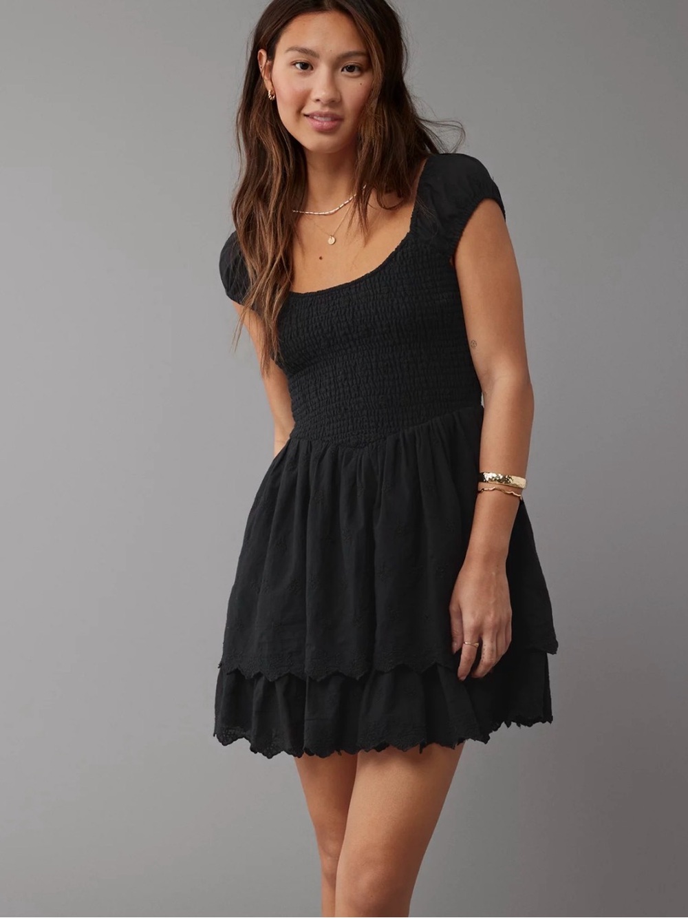 American Eagle Outfitters Black Smocked Mini Dress